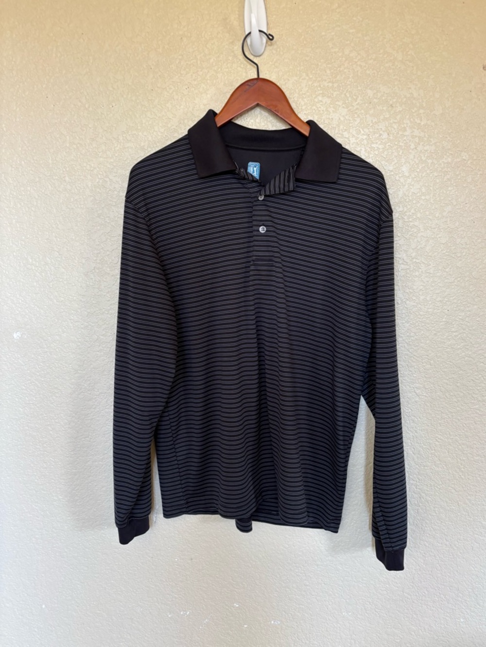 PGA Tour Black Striped Long Sleeve Polo